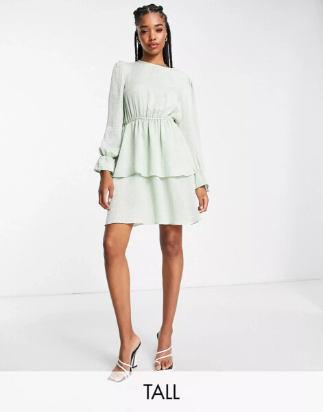 Flounce London Tall satin tiered mini dress in sage