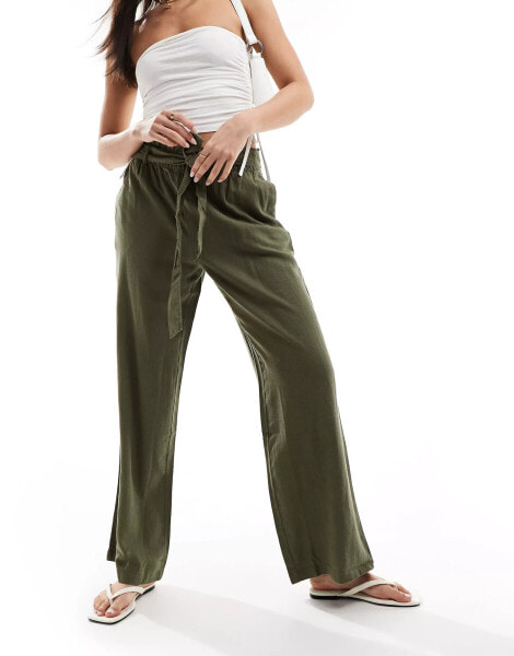 JDY wide leg belted linen trousers in khaki