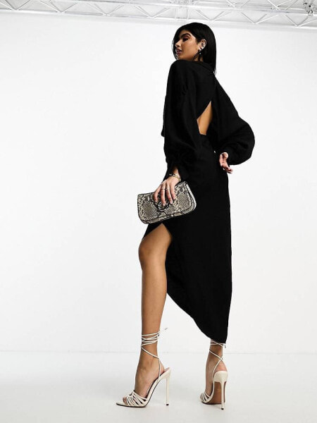 ASOS EDITION textured drape midi shirt dress with tie detail in black