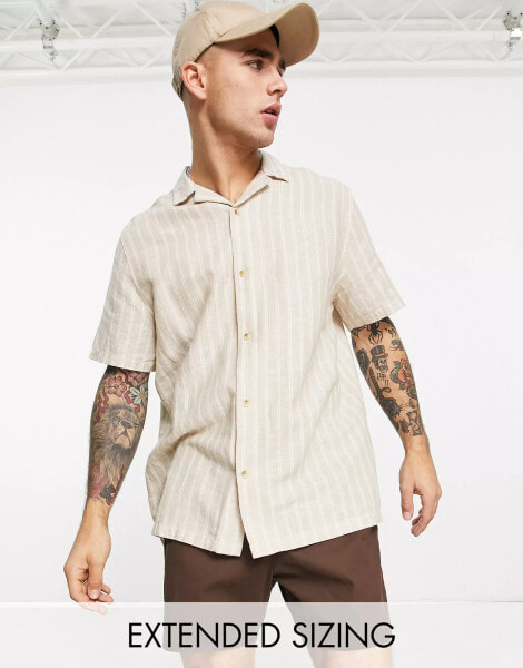 ASOS DESIGN relaxed revere linen mix stripe shirt in beige