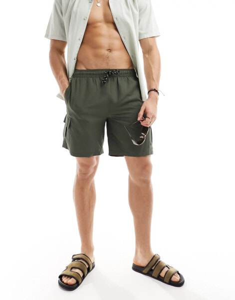 New Look cargo swim shorts in dark khaki