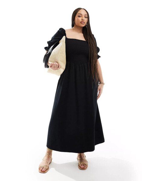 ASOS DESIGN Curve soft denim maxi dress with puff sleeves in black