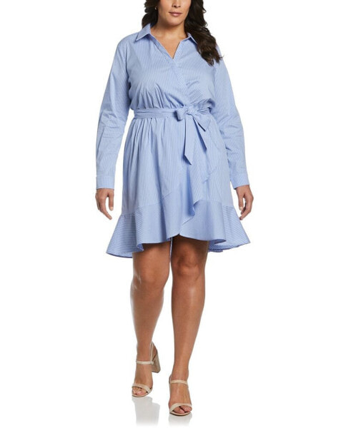 Plus Size Stripe Poplin Ruffle Long Sleeve Wrap Dress