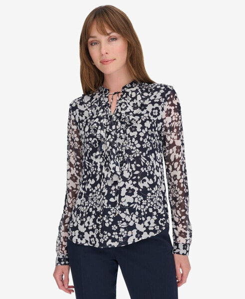 Women's Ruffled Floral Print Split-Neck Top