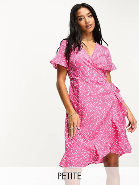 Vero Moda Petite wrap mini dress in pink spot print