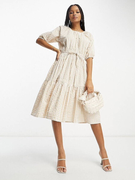 French Connection tiered midi smock dress in beige gingham