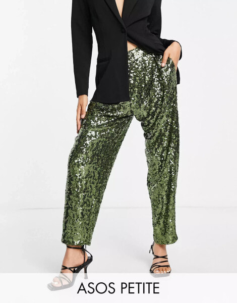 ASOS DESIGN Petite sequin slouchy trouser in khaki