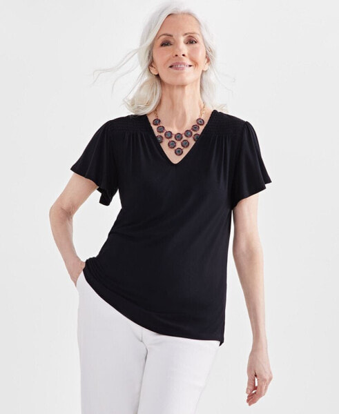 Petite Smocked-Shoulder V-Neck Flutter-Sleeve Top, Created for Macy's