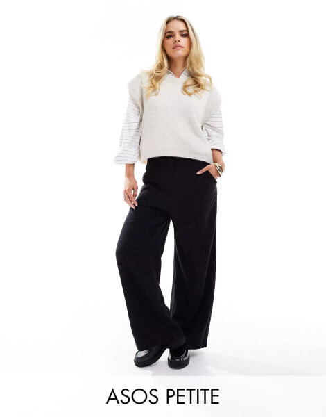 ASOS DESIGN Petite high waist seam detail tailored trousers with linen in black