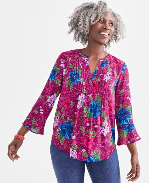 Women's Printed Pintuck Ruffle-Sleeve Top, Created for Macy's