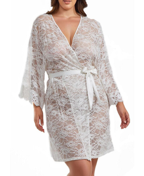 Женская пижама iCollection Jasmine Plus Size Soft Sheer Lace Robe with Self Tie Satin Sash