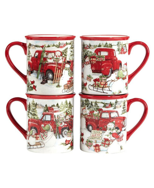 Red Truck Snowman 4 Piece Mug Set