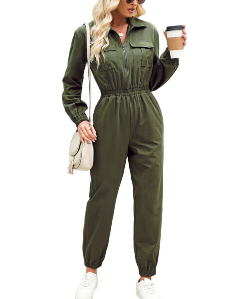 Women's Olive Collared Long Sleeve Jumpsuit