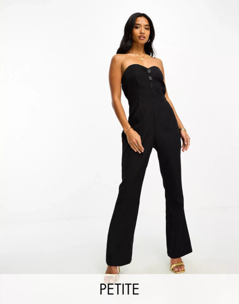 In The Style Petite tailored bandeau button detail wide leg jumpsuit in black