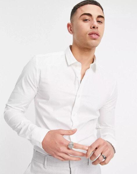 New Look long sleeve muscle fit poplin shirt in white