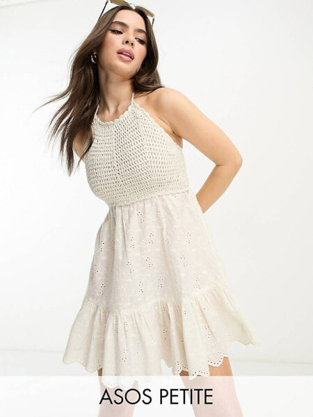 ASOS DESIGN Petite crochet halter mini dress with broderie in cream 