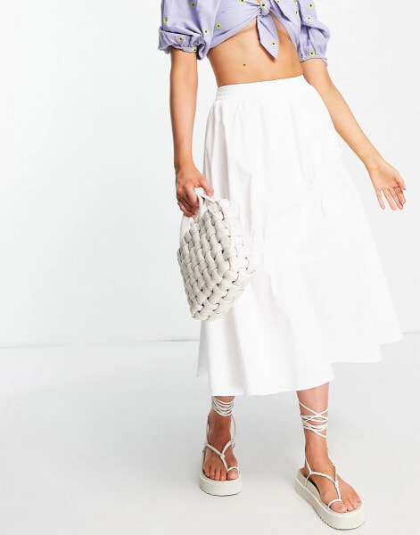 Urban Revivo ruching detail midi skirt in white