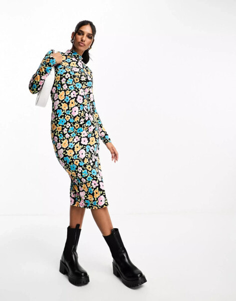 Vila roll neck side split maxi jersey dress in floral print