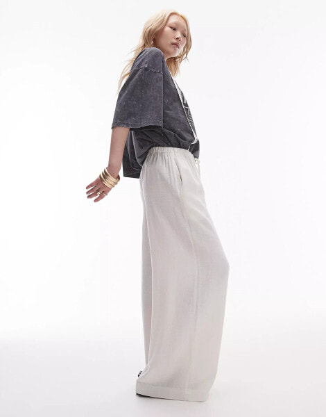 Topshop Petite linen tie waist trouser in white - WHITE