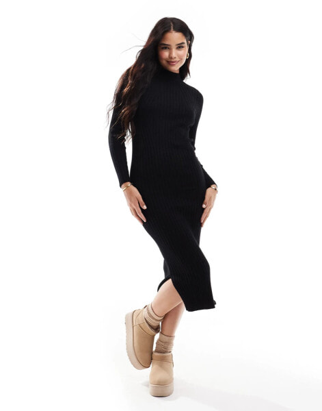 Threadbare high neck ribbed knitted midi dress in black