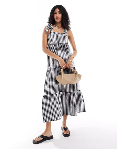 Miss Selfridge tiered gingham maxi dress with tie shoulders