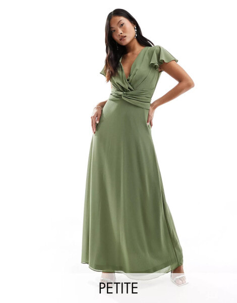 TFNC Petite Bridesmaid wrap front maxi dress in dark green