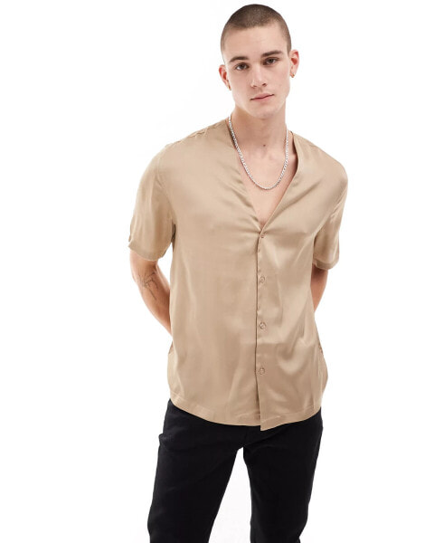 ASOS DESIGN relaxed collarless shirt in stone satin