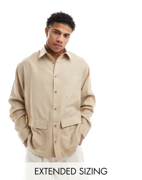 ASOS DESIGN oversized square collar shirt with cargo pockets in beige