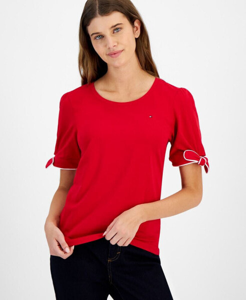 Women's Crewneck Short-Sleeve Tie-Cuff Top