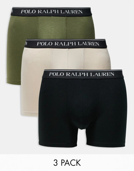 Polo Ralph Lauren 3 pack trunks with logo waistband in khaki stone black