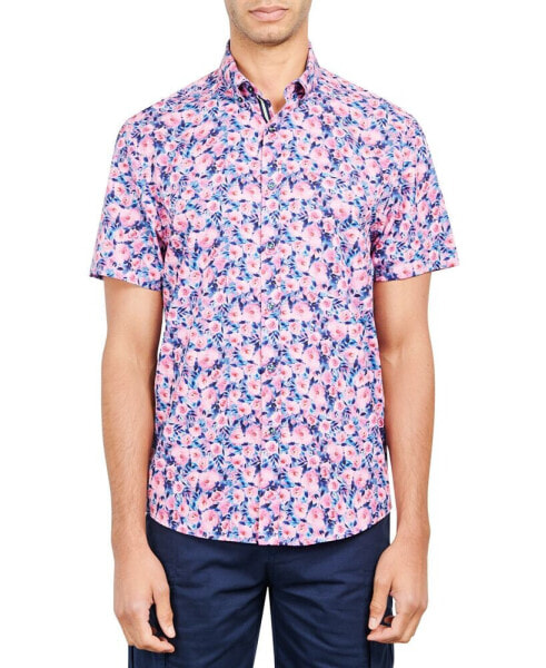 Men's Slim-Fit Performance Stretch Floral Print Short-Sleeve Button-Down Shirt