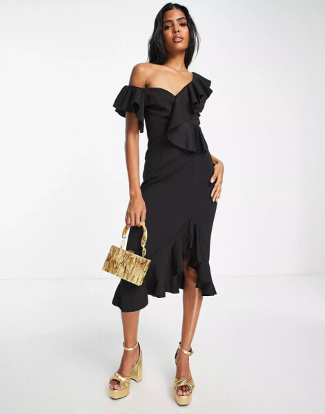 Little Mistress one shoulder midi dress in black