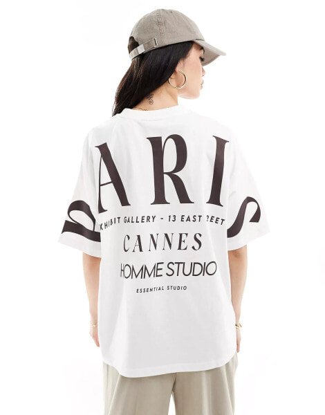 ASOS DESIGN oversized t-shirt with paris stacked back graphic in cream