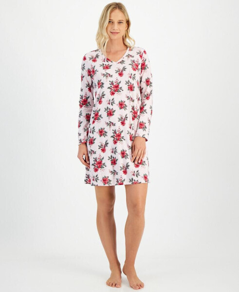 Women's Poinsettia-Print Long-Sleeve Sleep Shirt, Created for Macy's