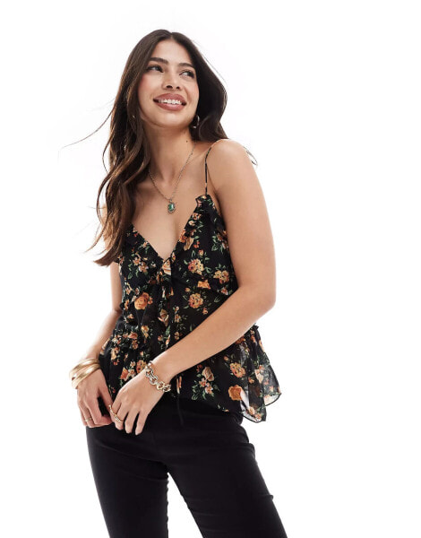 Brave Soul sheer frill vest in black floral print