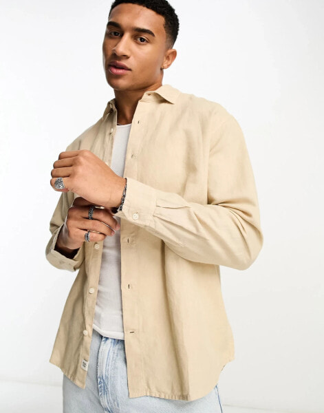 Pull&Bear linen long sleeve shirt in ecru