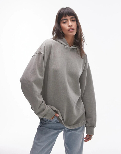 Topshop acid wash drop shoulder hoodie in washed khaki