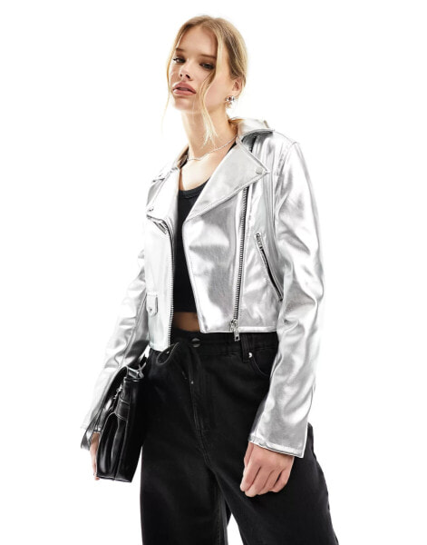 Bershka metallic biker jacket in silver