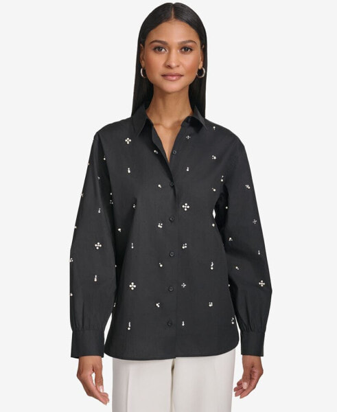 Karl Lagerfeld Women's Cotton Embellished Long-Sleeve Blouse