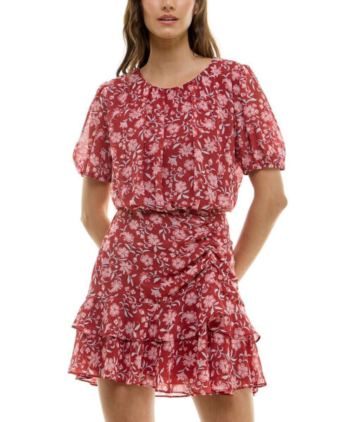 Juniors' Ruched Tiered Floral-Print Dress