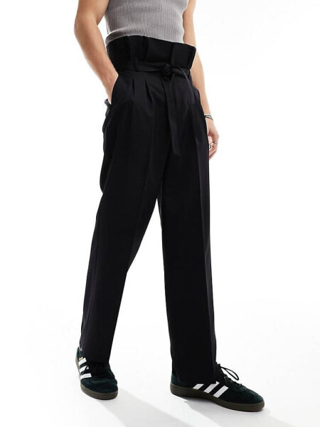 ASOS DESIGN smart wide leg paperbag trousers in black