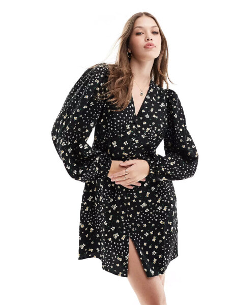 Vero Moda long sleeved buttondown mini dress in mono floral