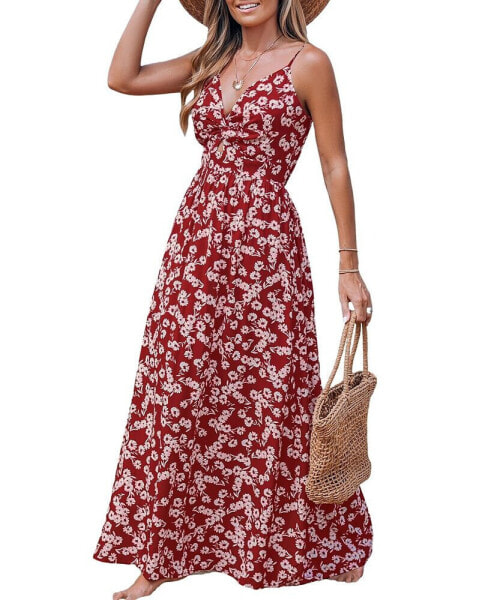 Women's Red Floral Sweetheart Twist & Keyhole Maxi Beach Dress