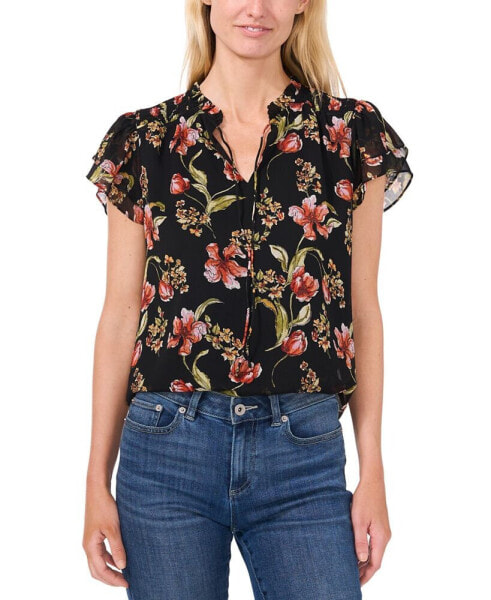 Women's Floral Tie-Neck Smocked Flutter-Sleeve Blouse