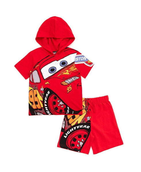 Boys Mickey Mouse Lion King Cars Monsters Inc. Hooded T-Shirt and French Terry Shorts Outfit Set to