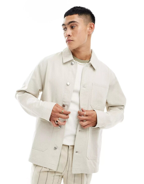 ASOS DESIGN worker jacket in washed twill in stone