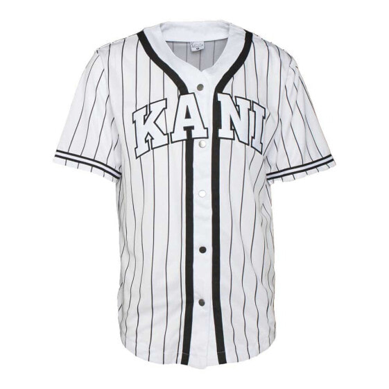 KARL KANI Serif Pinstripe Baseball short sleeve v neck T-shirt