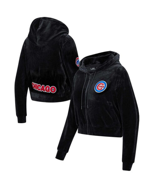 Women's Black Chicago Cubs Classic Velour Full-Zip Hoodie Track Jacket