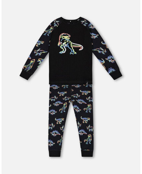 Big Boys Organic Cotton Two Piece Pajama Set Black Printed Neon Dino