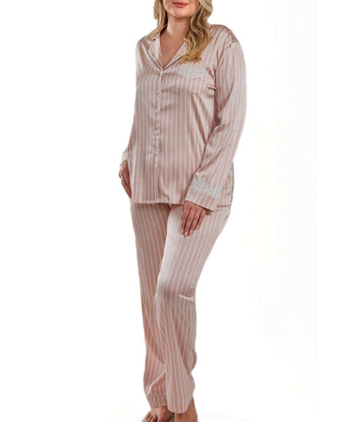 Женская пижама iCollection Brillow Plus Size Satin Striped Button Down Pajama Pant Set, 2 Piece